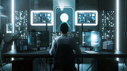 A male IT worker sits at his desk in front of computer monitors and looking computer screen, seen from behind and looking over the of an AI system that processes data on monitor displaying code
