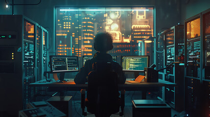 A male IT worker sits at his desk in front of computer monitors and looking computer screen, seen from behind and looking over the of an AI system that processes data on monitor displaying code

