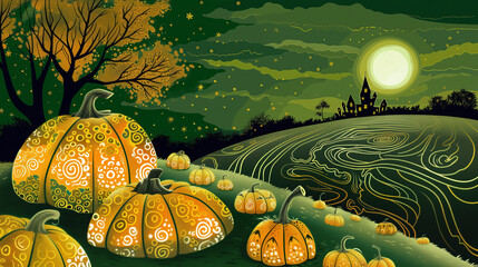 enchanted pumpkin patch under a starry night sky: a magical pumpkin patch at night with illuminated 