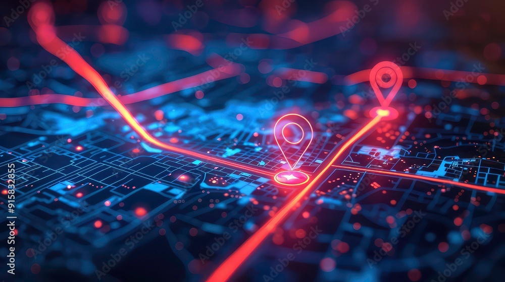A glowing location marker pinpoints a spot on a detailed digital map of ...