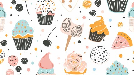 A vibrant arrangement of cupcakes, ice cream cones, and assorted candies on a light background creates a playful atmosphere