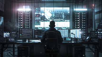 A male IT worker sits at his desk in front of computer monitors and looking computer screen, seen from behind and looking over the of an AI system that processes data on monitor displaying code
