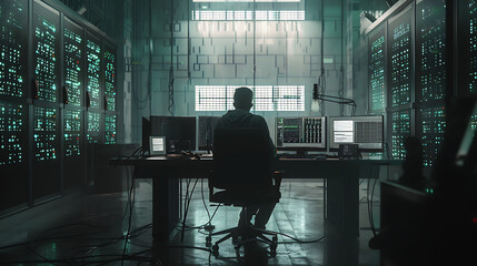 A male IT worker sits at his desk in front of computer monitors and looking computer screen, seen from behind and looking over the of an AI system that processes data on monitor displaying code

