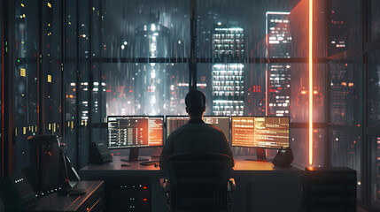 A male IT worker sits at his desk in front of computer monitors and looking computer screen, seen from behind and looking over the of an AI system that processes data on monitor displaying code
