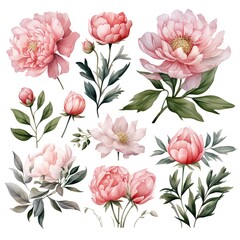 Wall Mural - Watercolor illustration of pink peonies with leaves.