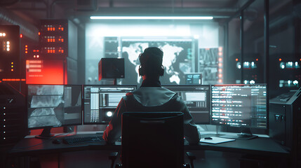 A male IT worker sits at his desk in front of computer monitors and looking computer screen, seen from behind and looking over the of an AI system that processes data on monitor displaying code
