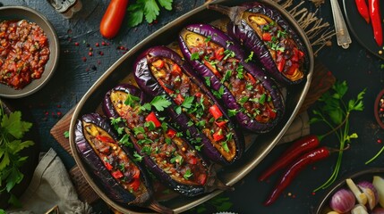 Karniyarik - turkish traditional aubergine eggplant meal. Stuffed eggplants with ground beef and vegetables baked with tomato sauce. Turkish cuisine. Top view