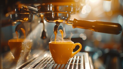 Hot espresso pours from machine into yellow ceramic cup, steam rising, barista preparing fresh coffee, morning ritual at cafe, vibrant atmosphere and aromas fill space.