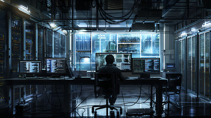A male IT worker sits at his desk in front of computer monitors and looking computer screen, seen from behind and looking over the of an AI system that processes data on monitor displaying code