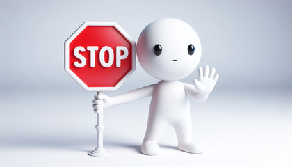 3D white figure cartoon with STOP sign on white background