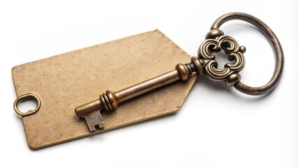 A close-up image of a vintage key with a blank label attached, antique, metal, old, retro, security, access, password, mystery