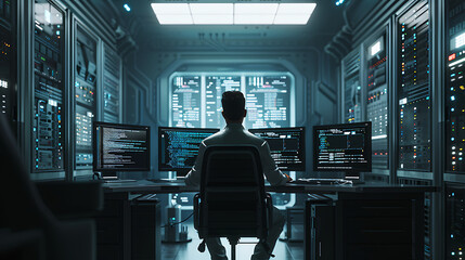 A male IT worker sits at his desk in front of computer monitors and looking computer screen, seen from behind and looking over the of an AI system that processes data on monitor displaying code