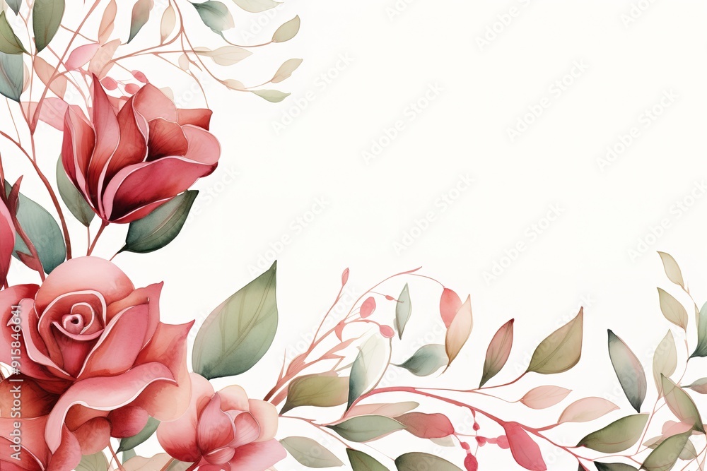Watercolor floral corner border with pink roses and green leaves on ...