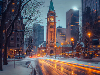 Wall Mural - A city street with a clock tower in the background. The street is wet from the snow and the lights from the buildings create a warm and inviting atmosphere