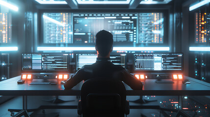 A male IT worker sits at his desk in front of computer monitors and looking computer screen, seen from behind and looking over the of an AI system that processes data on monitor displaying code