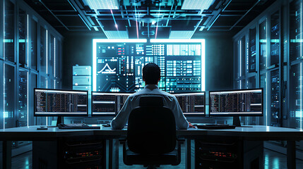 A male IT worker sits at his desk in front of computer monitors and looking computer screen, seen from behind and looking over the of an AI system that processes data on monitor displaying code