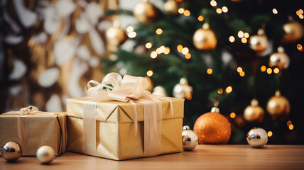 Wall Mural - Merry Christmas background with festive gift boxes and Christmas balls. Holiday Christmas and New Year composition with copy space.