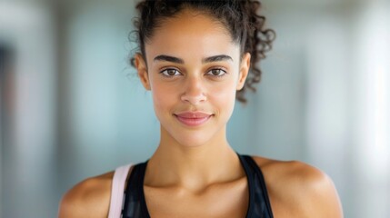 Wall Mural - Young Woman With Clear Skin Posing Confidently Against Neutral Background