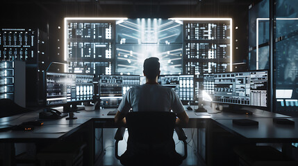 A male IT worker sits at his desk in front of computer monitors and looking computer screen, seen from behind and looking over the of an AI system that processes data on monitor displaying code