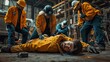 © fotofabrika - Emergency responders assist an injured worker at a construction site in the evening