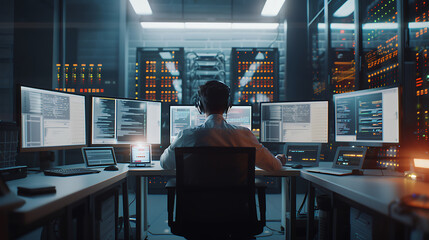 A male IT worker sits at his desk in front of computer monitors and looking computer screen, seen from behind and looking over the of an AI system that processes data on monitor displaying code