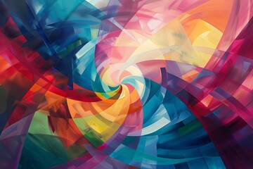 A vibrant abstract landscape, swirling colors and geometric shapes, dynamic interplay of light and shadow, evokes a sense of wonder and discovery, harmonious yet chaotic composition