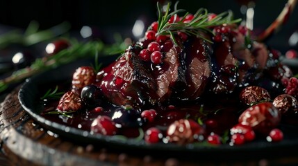 Sticker - Gourmet venison dish with red berries and rosemary. Close-up of a beautifully plated meal. Perfect for culinary concepts, food presentations, and restaurant menus. Dark and moody food photography. AI