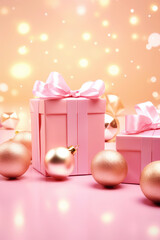 Wall Mural - Pink Christmas background with festive gift boxes and Christmas balls. Holiday Christmas and New Year composition with copy space.