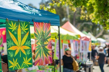 A vibrant cannabis festival, colorful tents and banners, lively atmosphere with art and music, bright sunny day, people enjoying activities in the background, festive and joyful mood