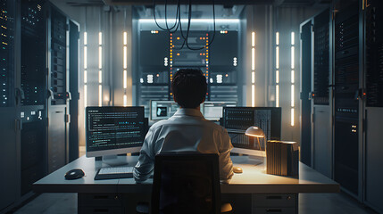 A male IT worker sits at his desk in front of computer monitors and looking computer screen, seen from behind and looking over the of an AI system that processes data on monitor displaying code