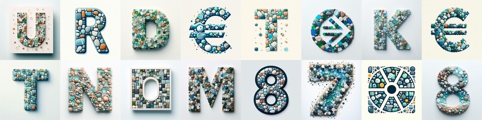 Sea glass pebbles Lettering Typeface. AI generated illustration