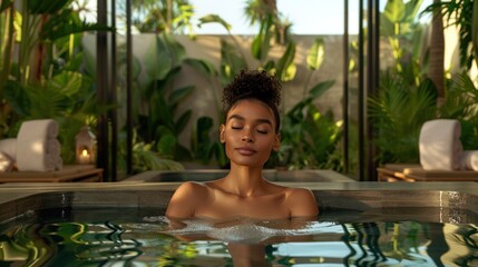 An attractive woman with her eyes closed in a tropical spa pool surrounded by lush greenery, highlighting the serene beauty and relaxation of a luxurious getaway.