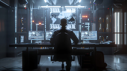 A male IT worker sits at his desk in front of computer monitors and looking computer screen, seen from behind and looking over the of an AI system that processes data on monitor displaying code
