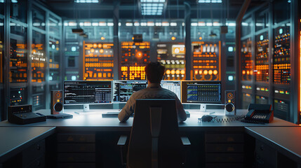 A male IT worker sits at his desk in front of computer monitors and looking computer screen, seen from behind and looking over the of an AI system that processes data on monitor displaying code