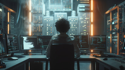 A male IT worker sits at his desk in front of computer monitors and looking computer screen, seen from behind and looking over the of an AI system that processes data on monitor displaying code