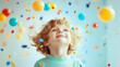 © Patrick - Joyful curly-haired child amid colorful confetti and balloons, birthday celebration concept
