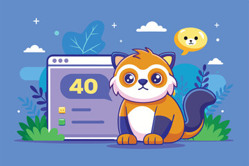 Sticker - A playful cartoon animal sits beside a display with a number, surrounded by plants and colorful clouds, engaging in a fun and creative digital setting