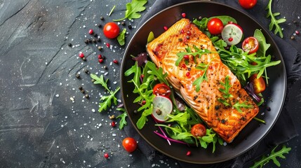 Roasted salmon garnished with fresh salad. Ketogenic lunch. Keto diet. Top view, banner