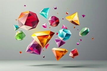 Abstract art with floating geometric shapes, including diamonds and pentagons in bright colors, creating a sense of motion on a grey background.