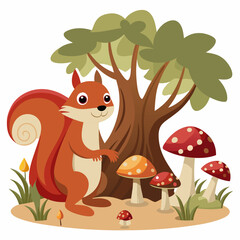 squirrel among the mushrooms art vector illustration