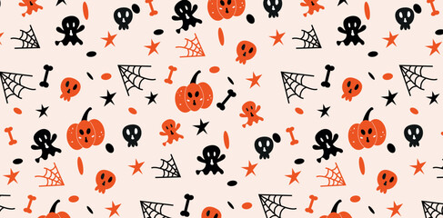 Halloween frame with ghosts, spiders, and decorations. Viewed over an orange background with copy space.