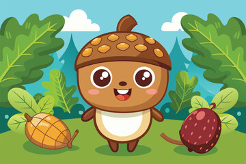 Wall Mural - A cheerful cartoon acorn stands among vibrant plants, bringing joy and playfulness to a sunny outdoor setting