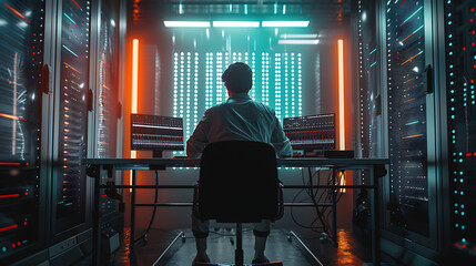 A male IT worker sits at his desk in front of computer monitors and looking computer screen, seen from behind and looking over the of an AI system that processes data on monitor displaying code