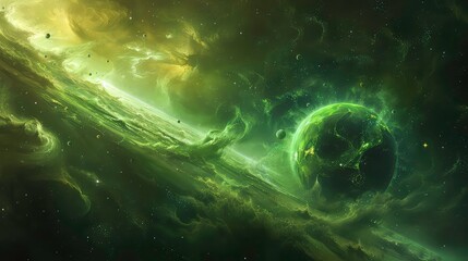 Wall Mural - a swirling green nebula with a planet in the foreground, surrounded by smaller celestial bodies, a v