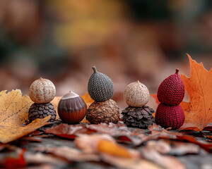 Autumn Figures: Chestnuts and Acorns Surrounded by Leaves