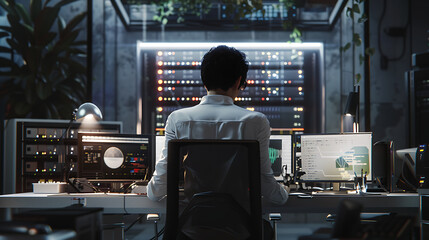 A male IT worker sits at his desk in front of computer monitors and looking computer screen, seen from behind and looking over the of an AI system that processes data on monitor displaying code