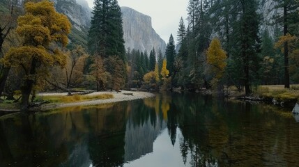 Canvas Print - peaceful river reflecting the surrounding mountains and trees