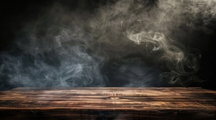 Sticker - Vintage wooden table amidst smoky dark backdrop.