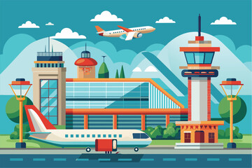 Sticker - An airport showcases a busy atmosphere with planes in the sky, a control tower, and a terminal under a bright, sunny landscape