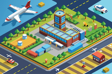 Poster - An isometric illustration showcasing an airport runway, control tower, and various ground vehicles in a vibrant, daytime setting